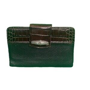 VINTAGE BRIGHTON BI FOLD WALLET - BLACK LEATHER/MOC BROWN CROC SILVER ACCENTS